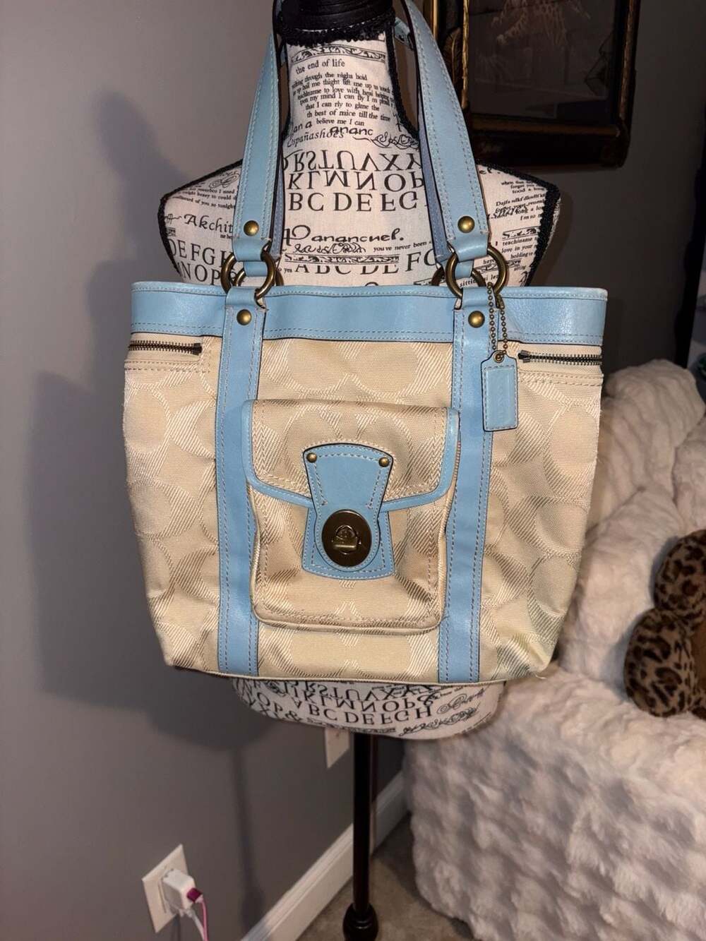 Y2K 2008 Coach Heritage Stripe Signature Tote Bag Blue Cream F13103
